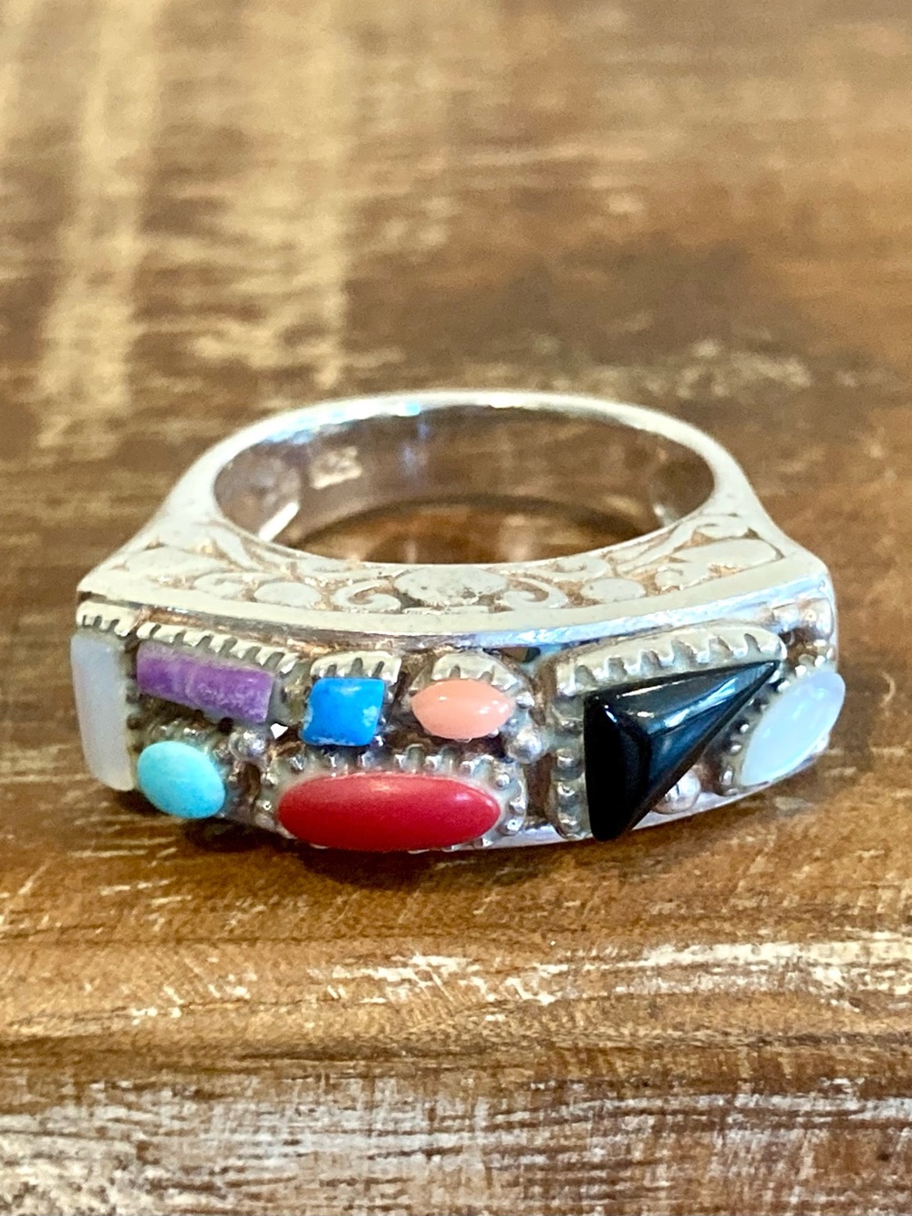 Colorful Sterling Silver Chunky Statement Ring Multicolor Size 6.75
